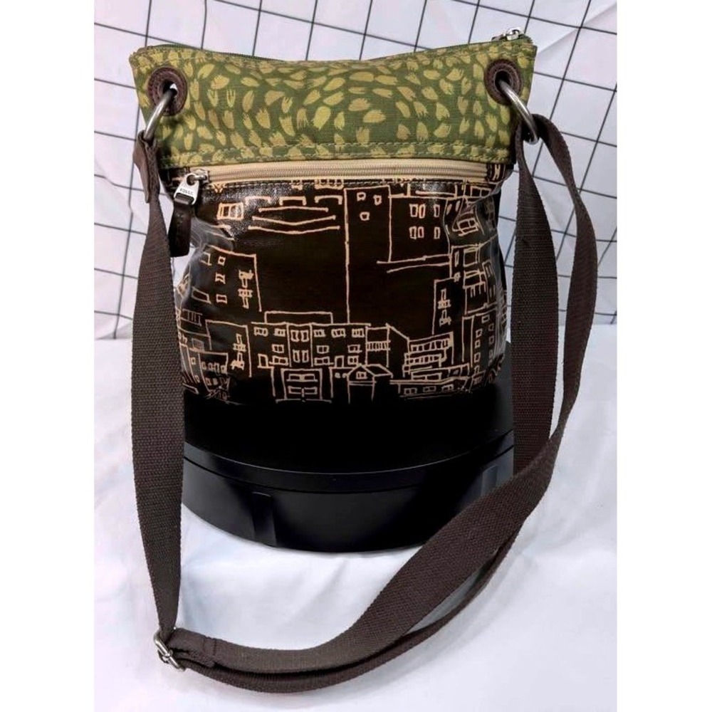 FOSSIL Key-Per/City Scene/Urban Print Crossbody Messenger Bag ~ VTG./Green/Brown